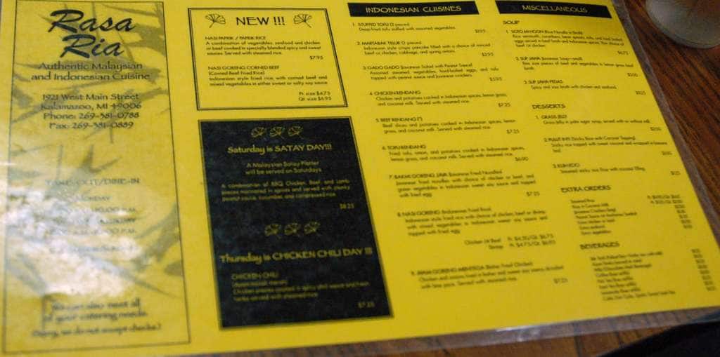 Menu at Rasa Ria restaurant, Kalamazoo