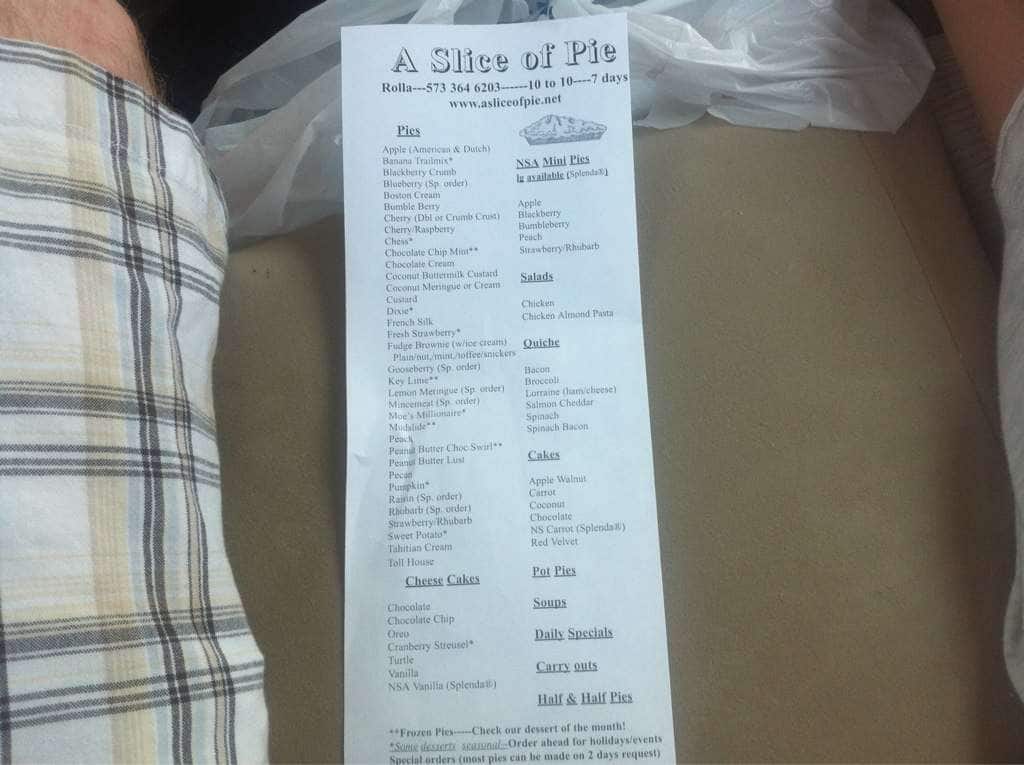 A Slice of Pie Menu, Menu for A Slice of Pie, Rolla, Rolla Urbanspoon