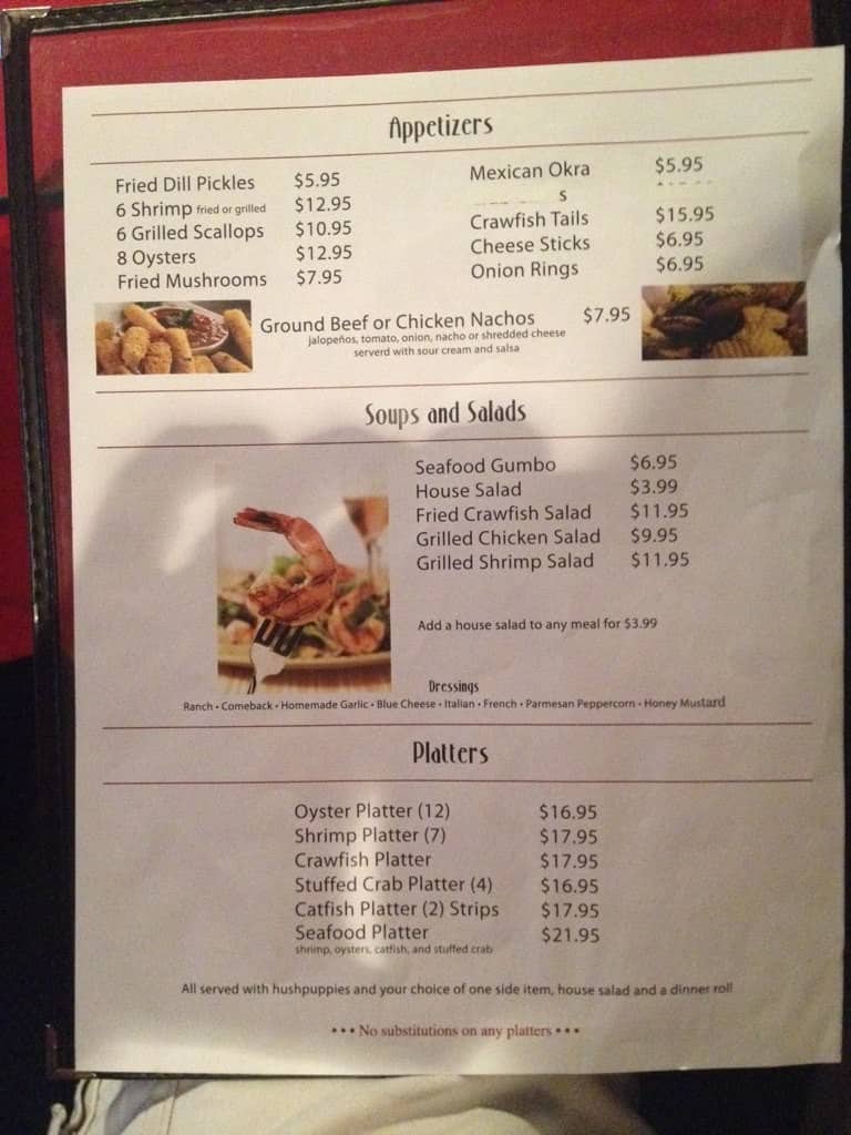 Menu at Ribeyes restaurant, Yazoo City