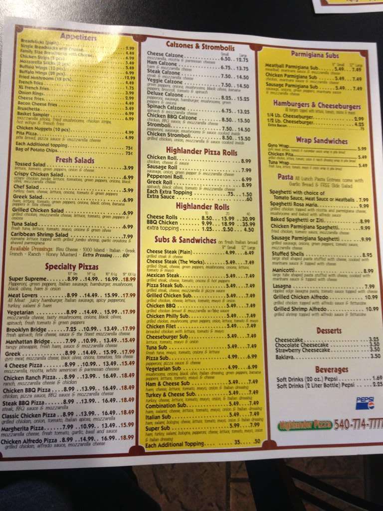 Menu at Highlander Pizza pizzeria, Roanoke