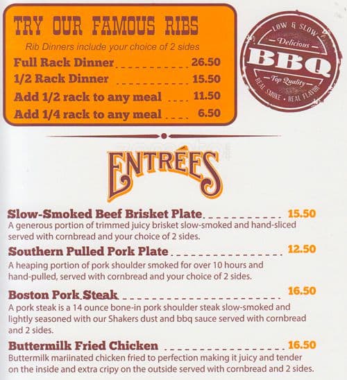 Menu at Shakers Smokehouse BBQ and Sports Bar, Oakville