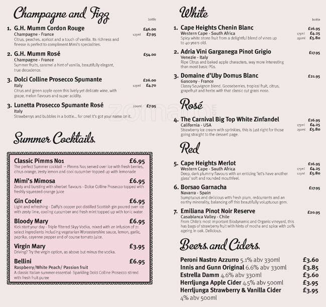 Menu at Mimi's Bakehouse cafe, Edinburgh, 63 Shore