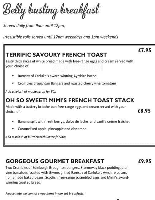 Mimi's Bakehouse Menu, Menu for Mimi's Bakehouse, Leith, Edinburgh