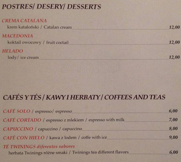 Menu at Sol y Sombra Tapas Bar, Warsaw