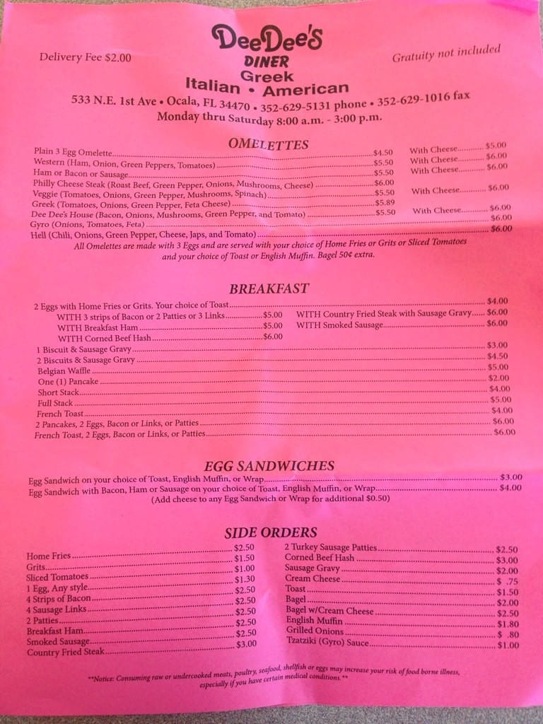 Menu at Dee Dee's restaurant, Ocala