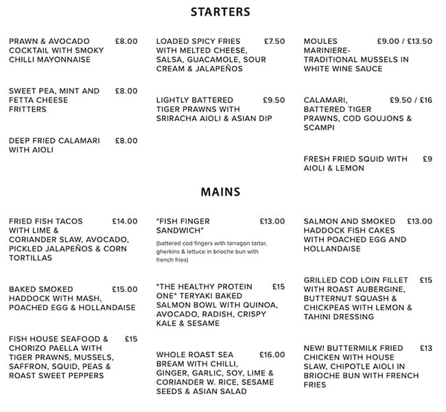 Menu at Fish House restaurant, London, 128 Lauriston Rd