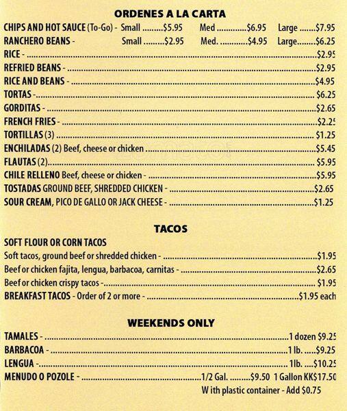 Menu at La Adelita Mexican Restaurant, Dallas