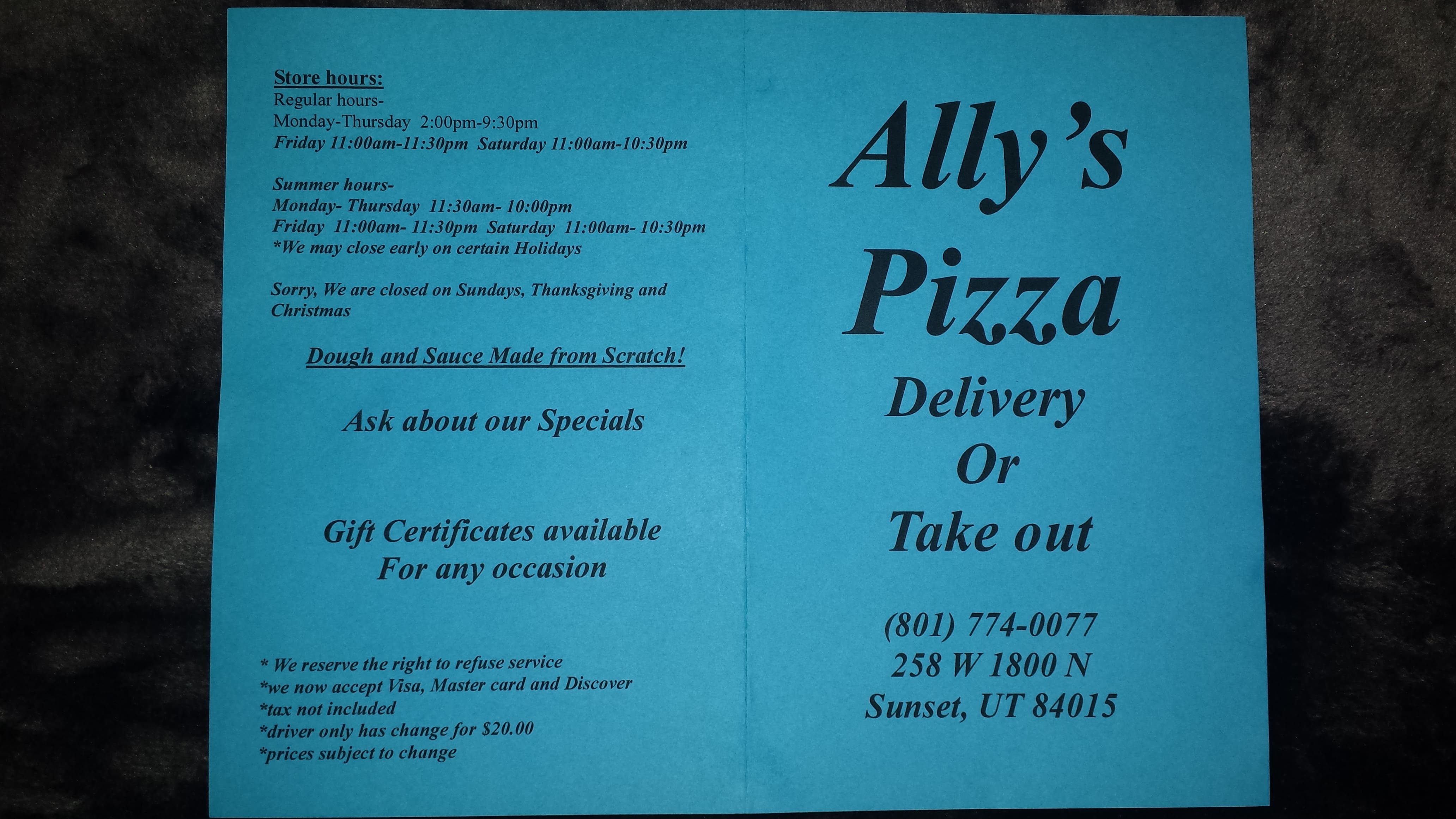 Menu at Ally's Pizza pizzeria, Sunset