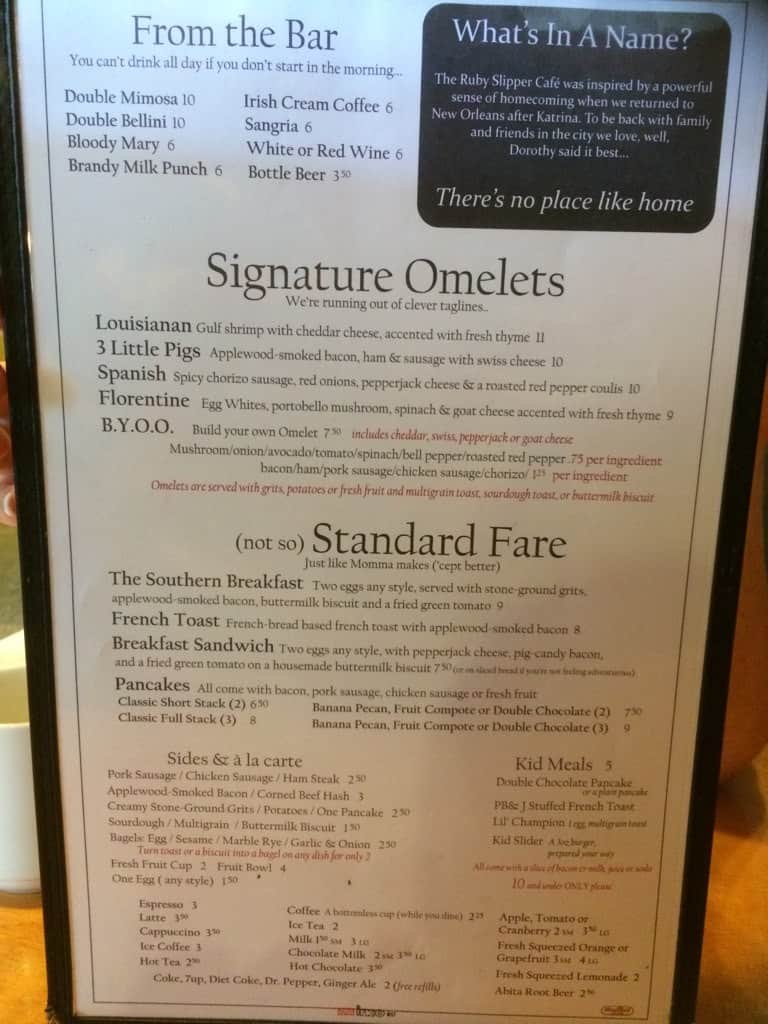 Menu at Ruby Slipper Cafe, New Orleans, Canal St