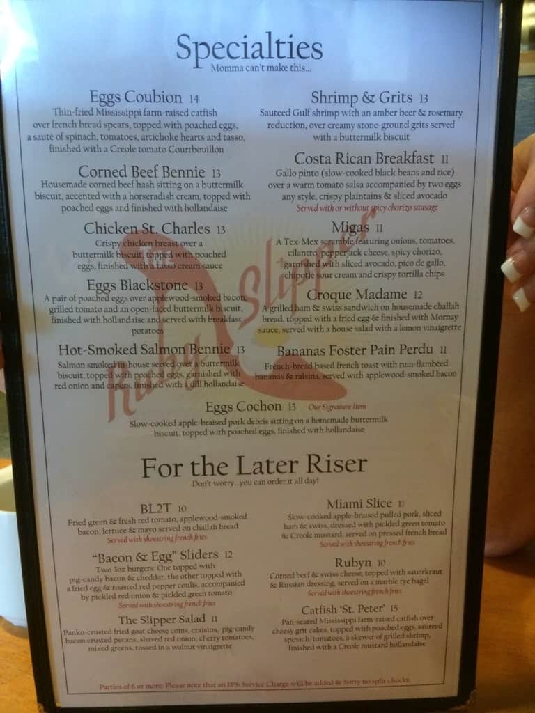 Menu at Ruby Slipper Cafe, New Orleans, Canal St