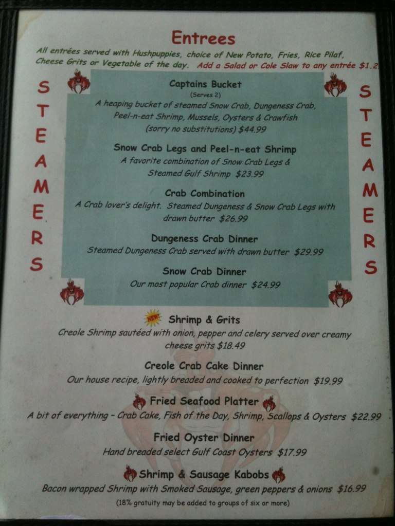 Menu at The Shack Original Waterfront Crab Shack pub & bar, Fort