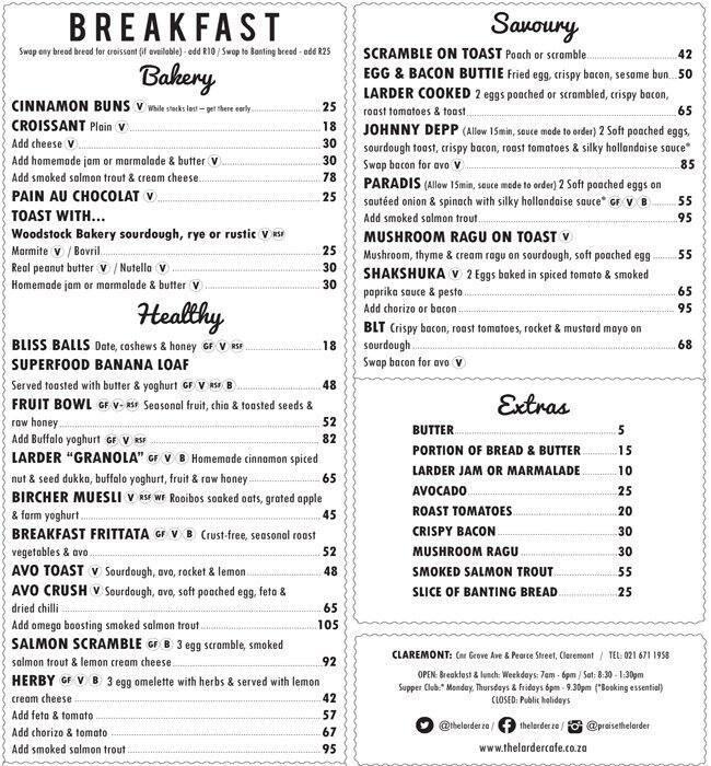The Larder Menu, Menu for The Larder, Claremont, Cape Town Zomato SA