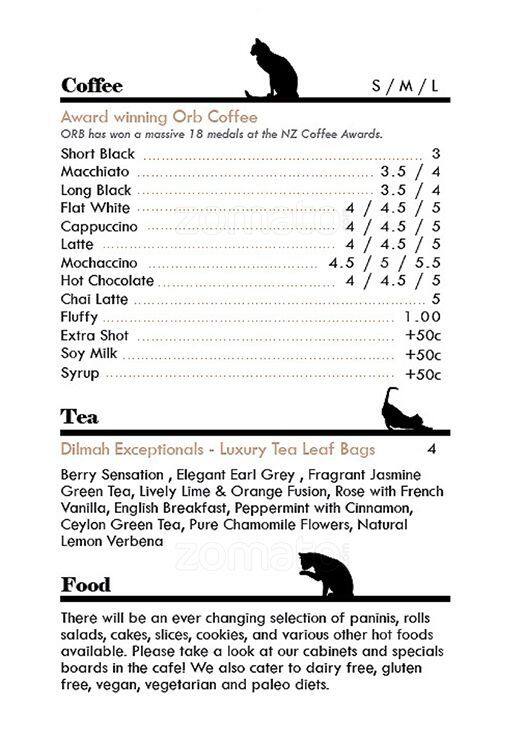 The Cat Lounge Menu, Menu for The Cat Lounge, Glenfield, Auckland