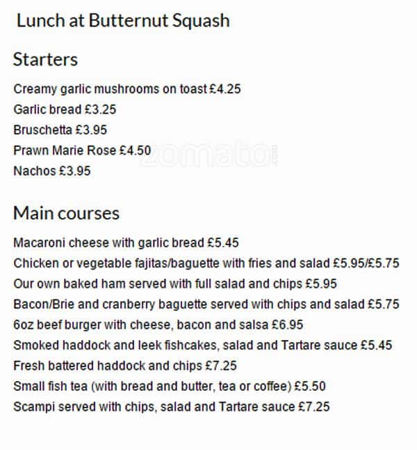 Menu at Butternut Squash cafe, Edinburgh, 10 Bath St