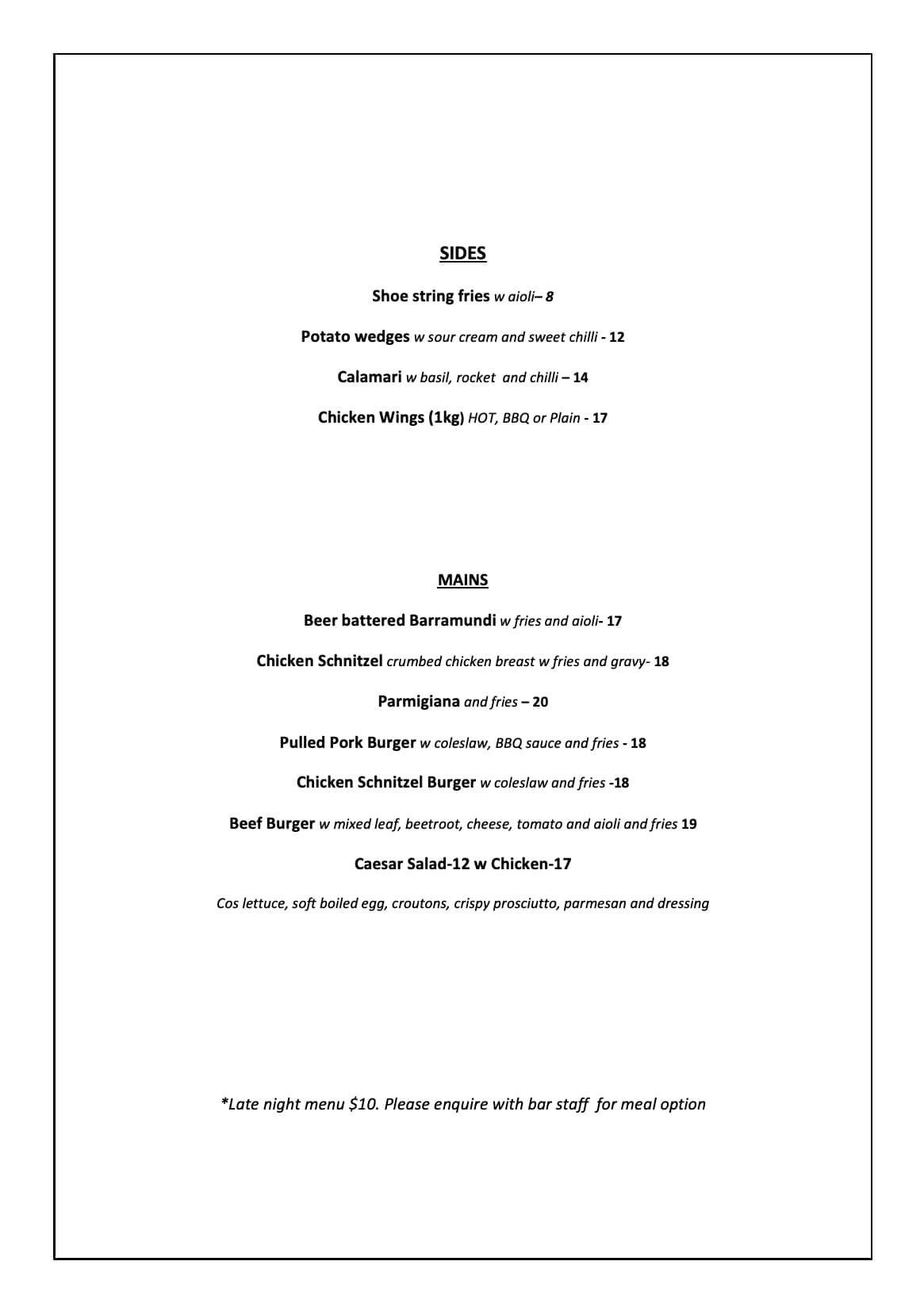 Menu at Ryan's Bar, Sydney