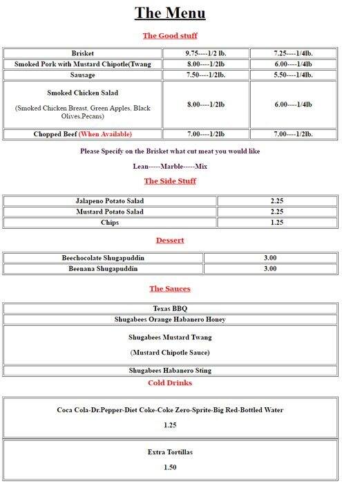 Shugabees menu
