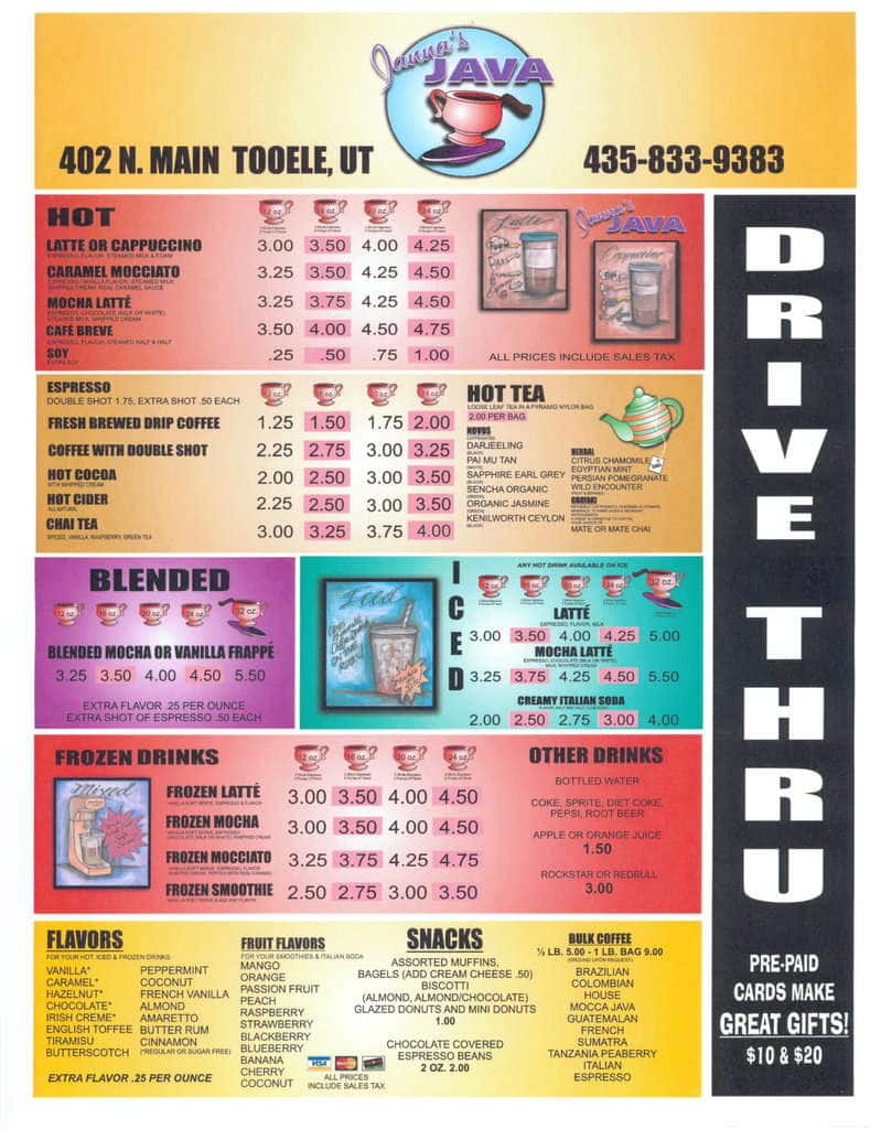 Janna's Java Menu, Menu for Janna's Java, Tooele, Salt Lake City ...