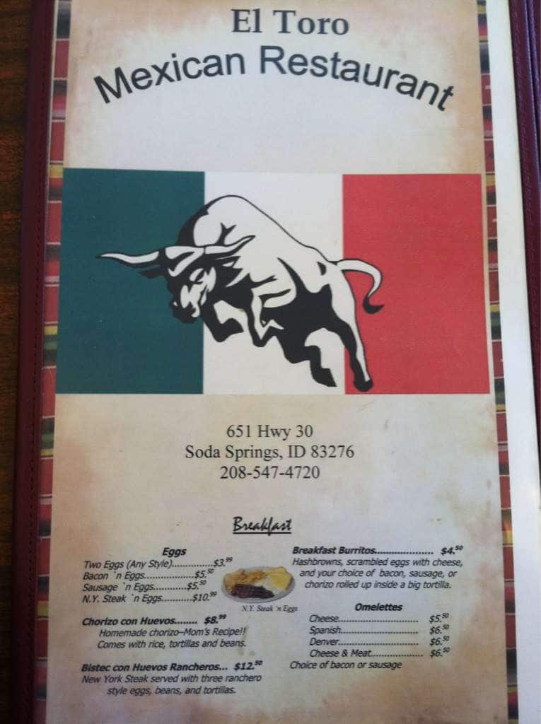 Menu at El Toro Mexican Restauran restaurant, Soda Springs