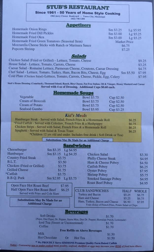 Menu at Stub's Restaurant, Yazoo City