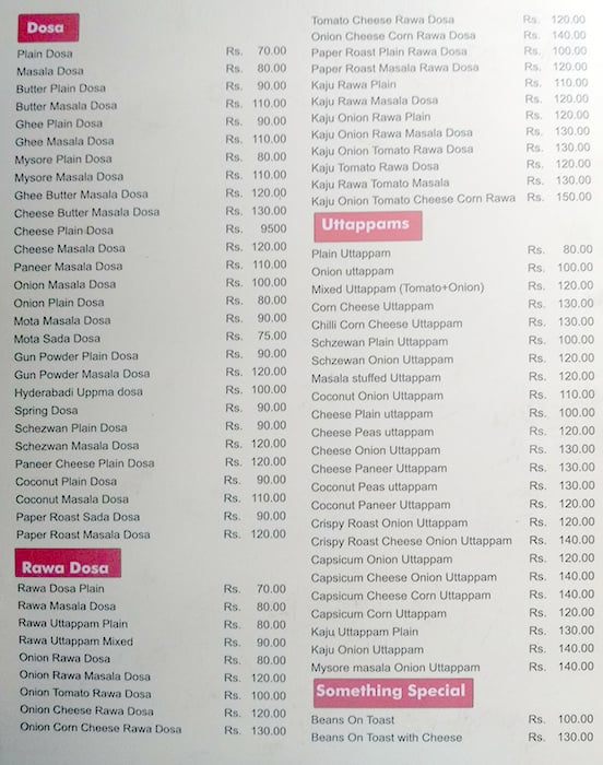 Madras Hindu Restaurant menu