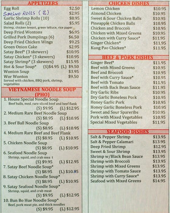 Menu at Yummy Pho restaurant, Camrose