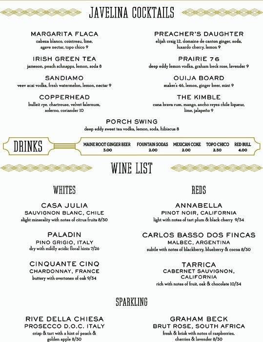 Javelina Bar Menu, Menu for Javelina Bar, Downtown, Austin Urbanspoon