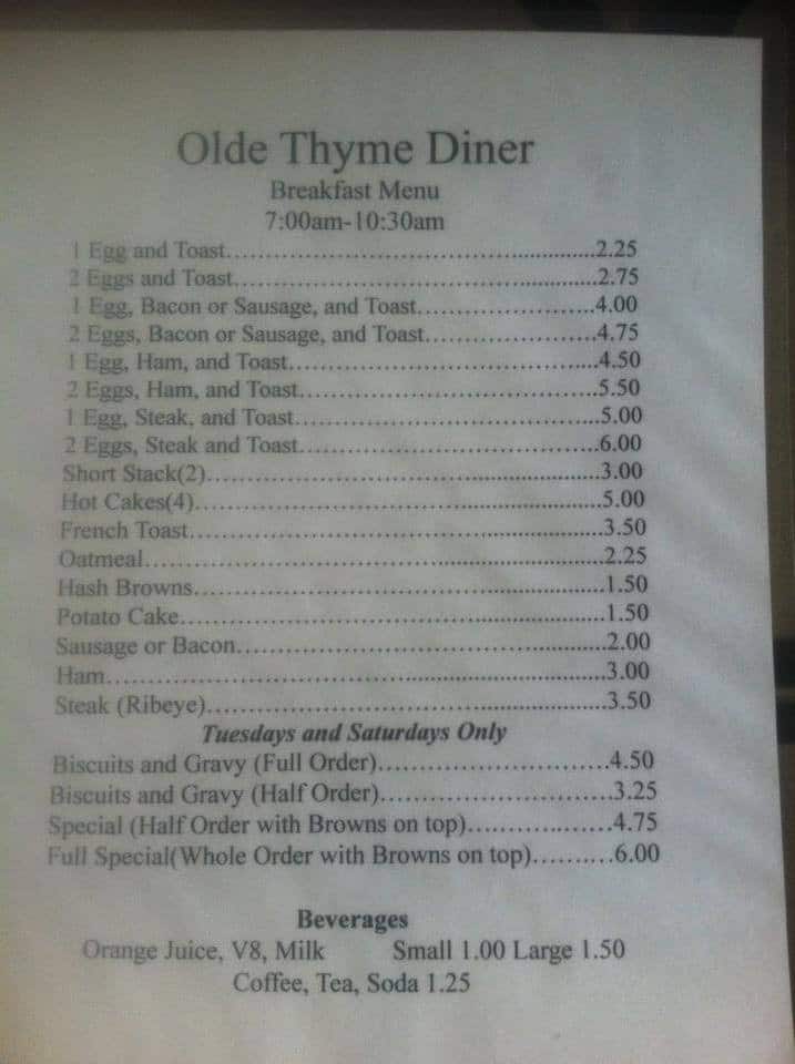 Menu at Olde Thyme Diner restaurant, Vincennes