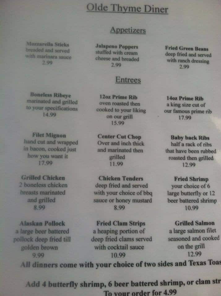 Menu at Olde Thyme Diner restaurant, Vincennes