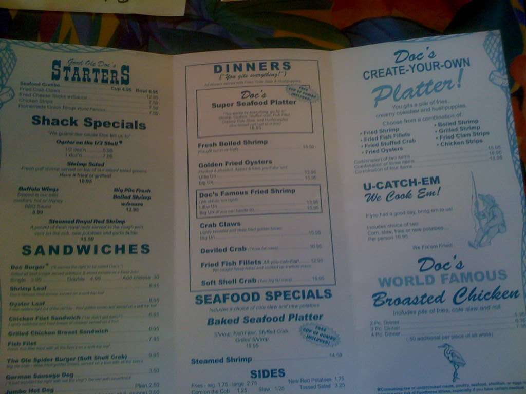 Menu at Doc's Seafood Shack & Oyster Bar, Orange Beach