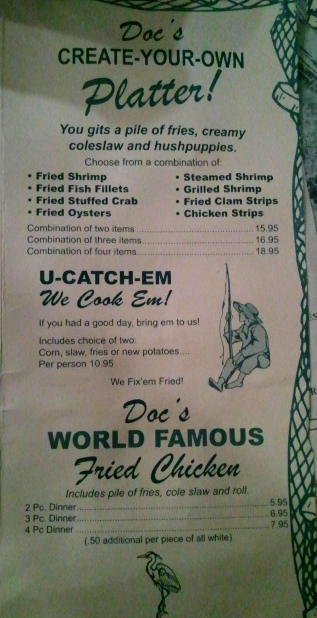 Menu at Doc's Seafood Shack & Oyster Bar, Orange Beach