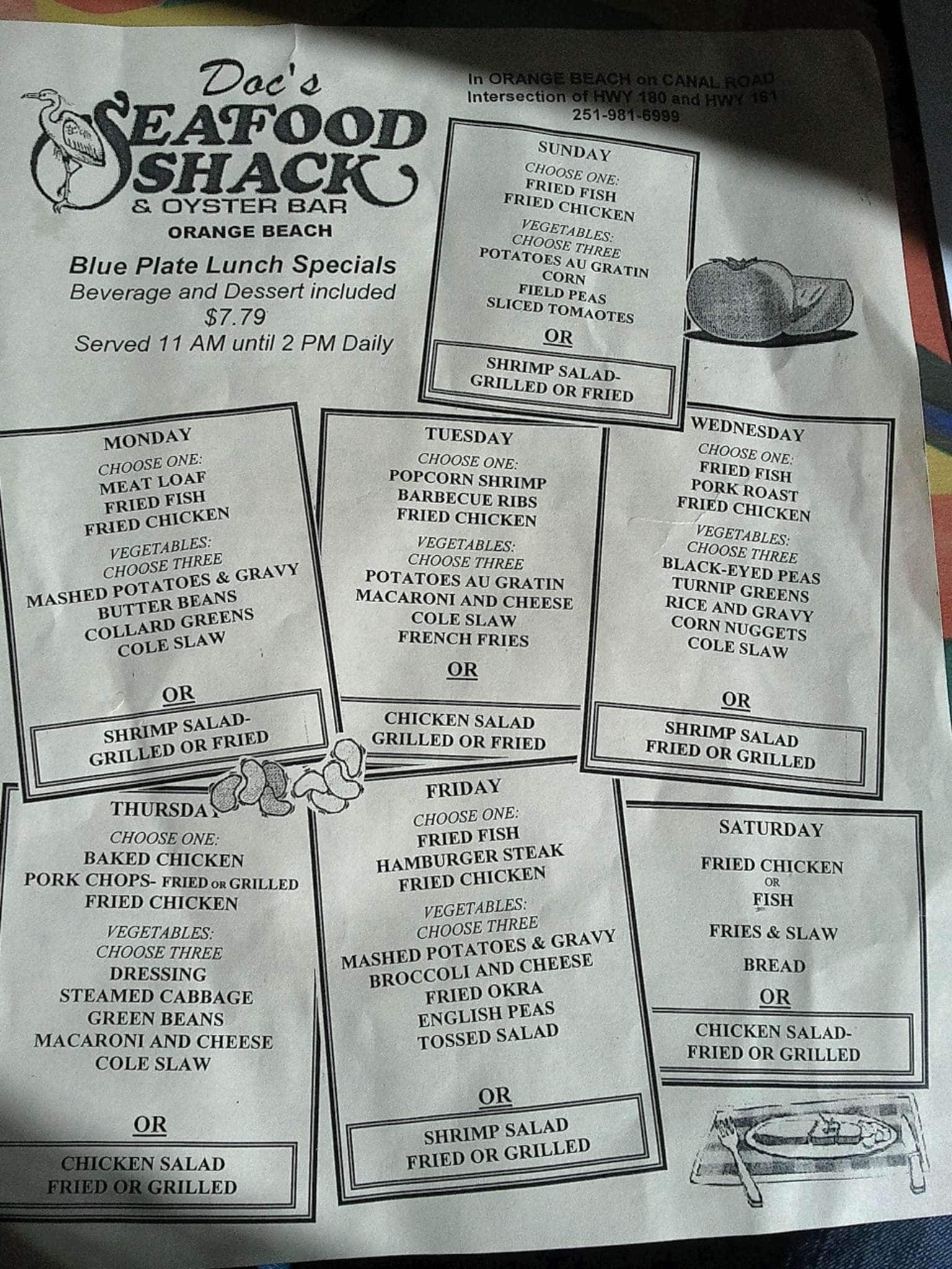 Menu at Doc's Seafood Shack & Oyster Bar, Orange Beach