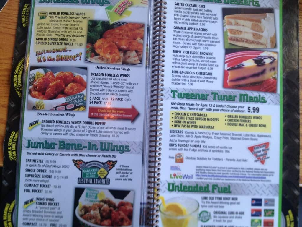 Menu at Quaker Steak & Lube steakhouse, Sharon