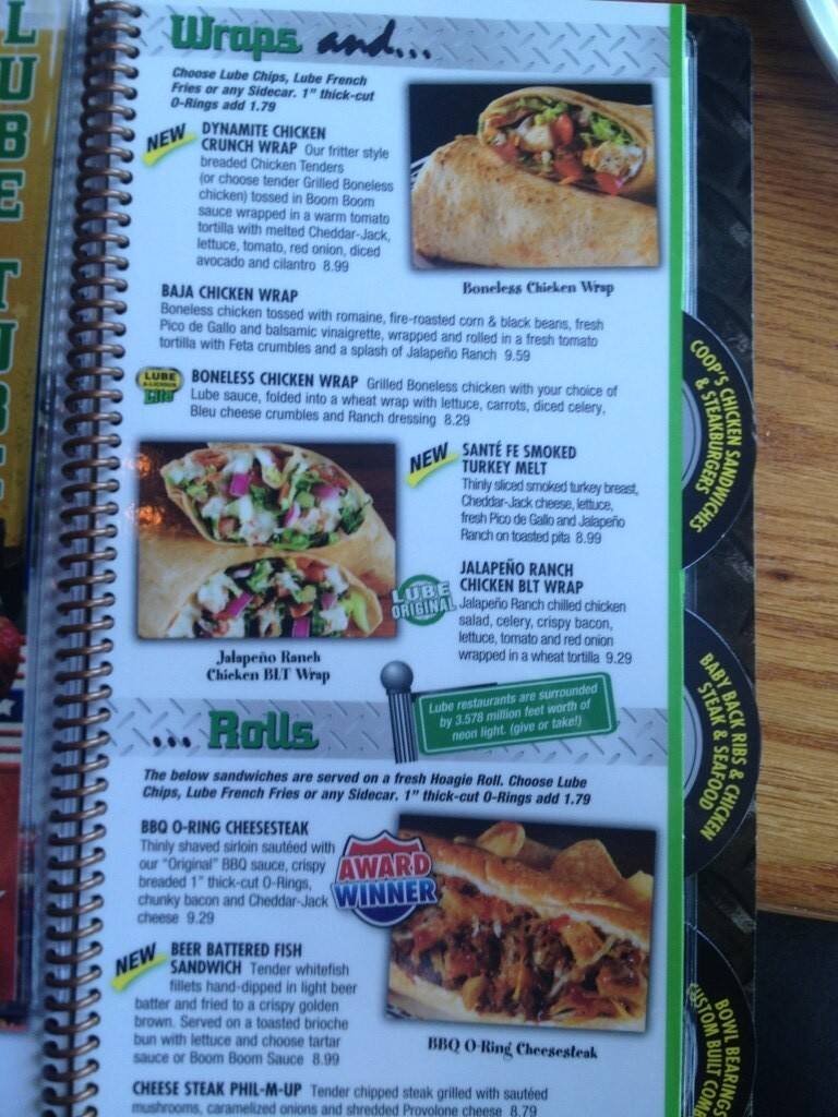Menu at Quaker Steak & Lube steakhouse, Sharon