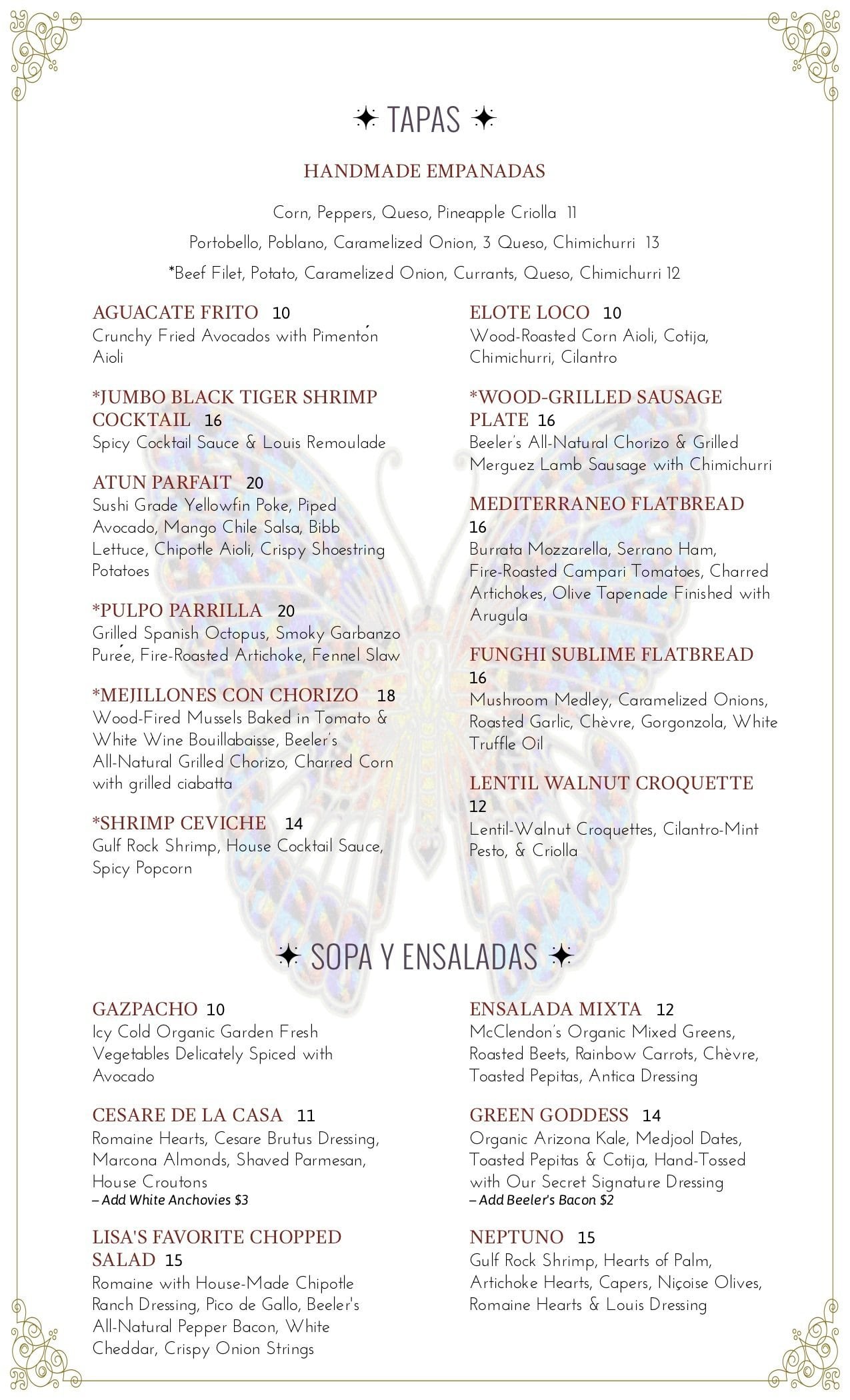 Menu at mariposa latin inspired grill steakhouse sedona