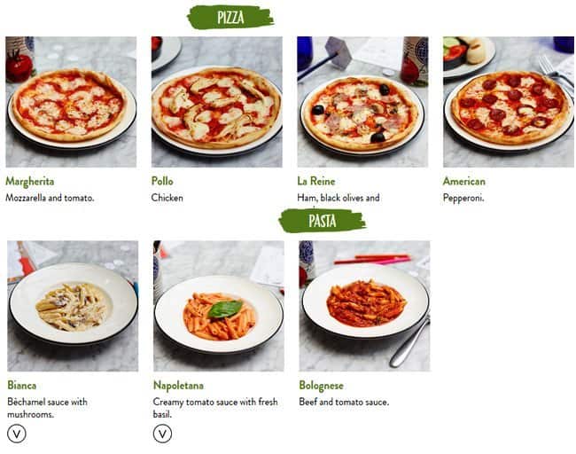 Pizza Express Menu, Menu for Pizza Express, Covent Garden, London