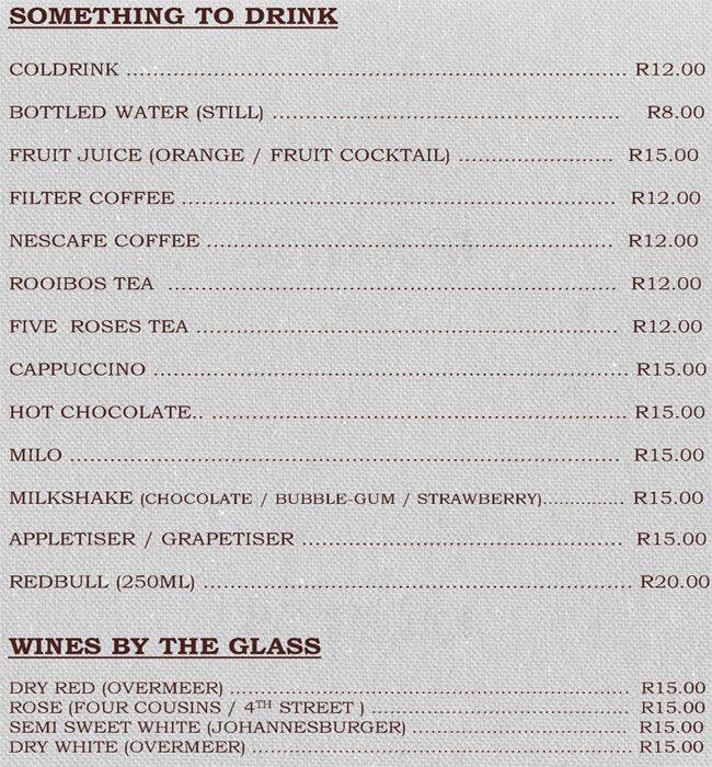 Menu au Rosewood Restaurant, Randburg