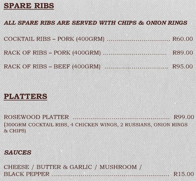 Menu au Rosewood Restaurant, Randburg