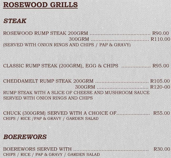 Menu au Rosewood Restaurant, Randburg