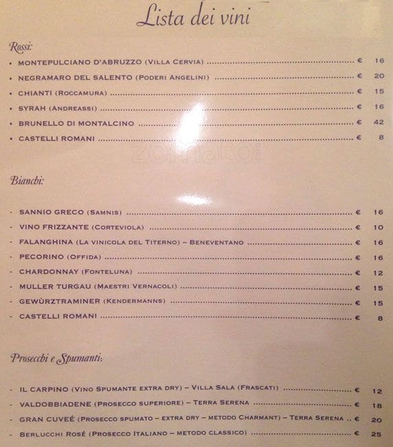 Menu di Senza Nome al Trionfale 