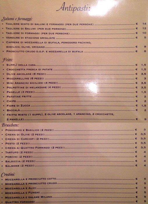 Menu di Senza Nome al Trionfale 