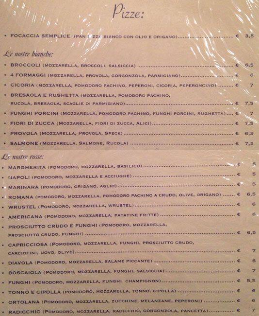 Menu di Senza Nome al Trionfale 