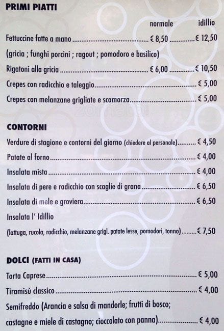 Menu di Trattoria-Vineria L'Idillio 