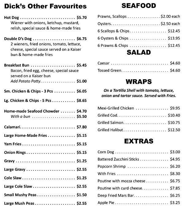 Menu at Dick's Fish & Chips restaurant, Campbell River