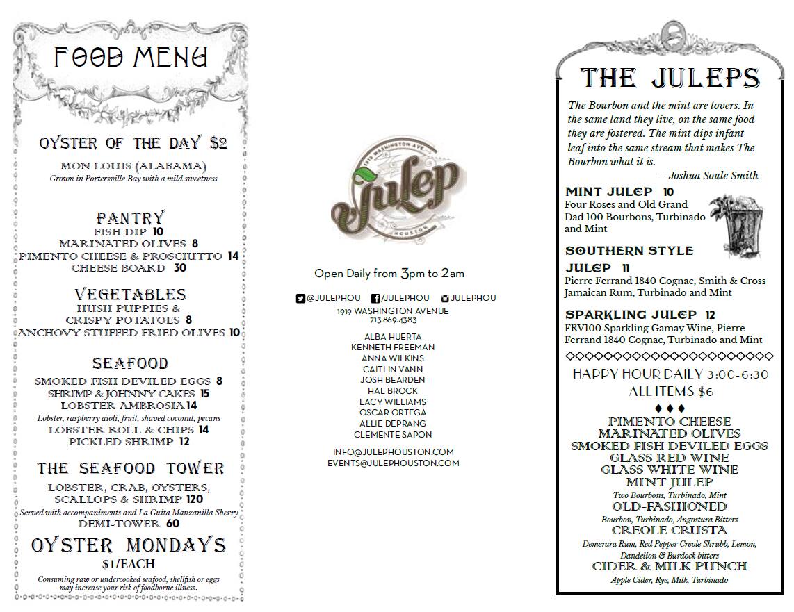 Julep menu, Menu restauracji Julep, Washington Corridor, Houston