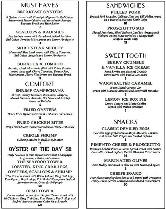 Julep menu, Menu restauracji Julep, Washington Corridor, Houston