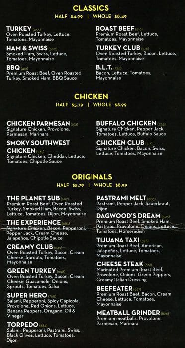 Planet Sub Menu, Menu for Planet Sub, Barton Hills, Austin - Urbanspoon ...