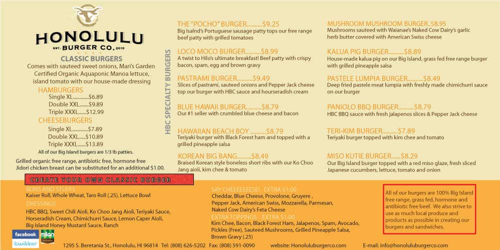 Honolulu Burger Co. Menu, Menu for Honolulu Burger Co., Kahala, Rest of Hawaii Urbanspoon/Zomato