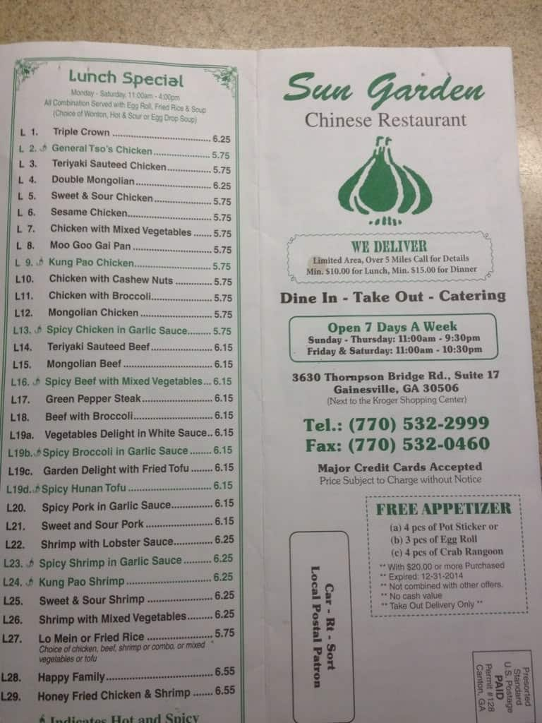 Menu At Sun Garden Restaurant Gainesville Thompson Bridge Rd 17