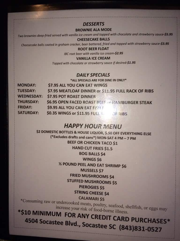 Menu at Socastee Station restaurant, Myrtle Beach, Socastee Blvd A