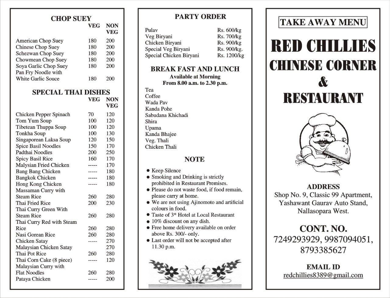 Menu of Red Chillies Chinese Corner & Restaurant, Nalasopara, Mumbai